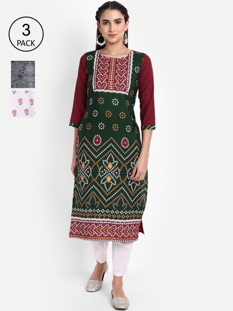 

KALINI Women Pack of 3 Printed Crepe Kurtas, Green