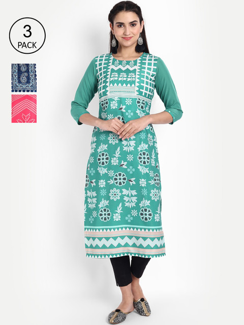 

KALINI Women Pack of 3 Ethnic Motifs Printed Crepe Kurta, Blue