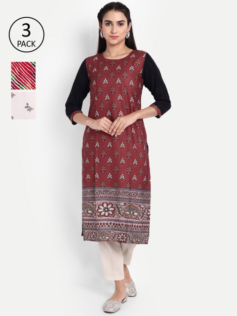 

KALINI Women Pack of 3 Ethnic Motifs Printed Crepe Kurta, Maroon
