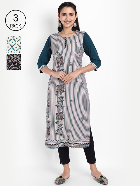 

KALINI Women Pack of 3 Printed Crepe Kurtas, Black