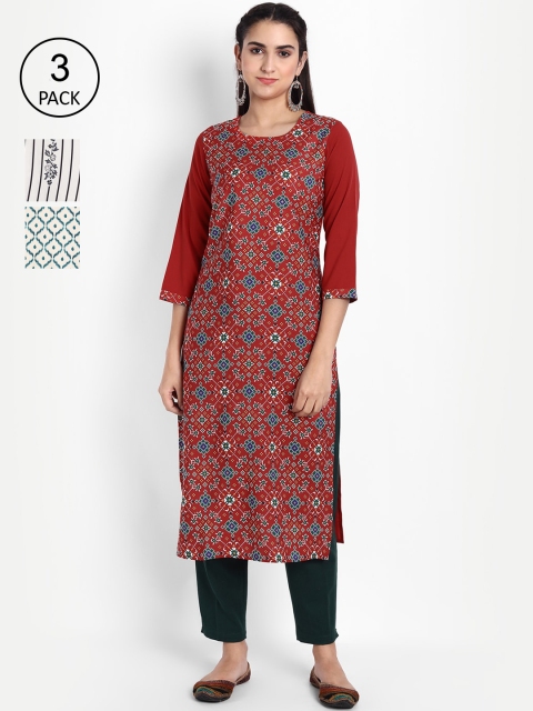 

KALINI Women Pack of 3 Ethnic Motifs Printed Crepe Kurta, Maroon