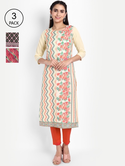 

KALINI Women Pack of 3 Ethnic Motifs Printed Crepe Kurta, Yellow