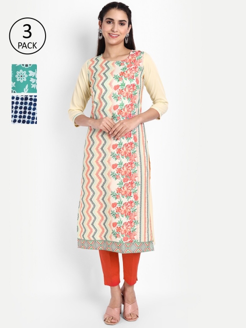 

KALINI Women Pack Of 3 Printed Crepe Kurta, Cream