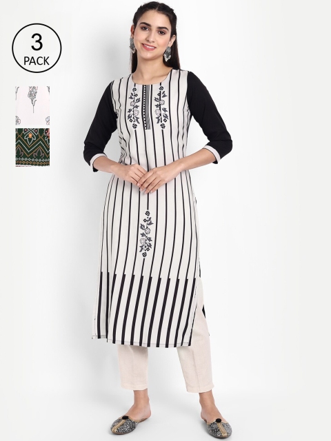 

KALINI Women Pack of 3 White & Green Floral Printed Crepe Kurta