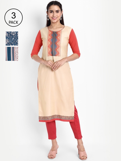 

KALINI Women Pack Of 3 Digital Print Straight Kurta, Beige