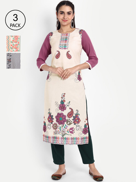 

KALINI Women Multicoloured Floral Printed Thread Work Crepe Kurta, Multi