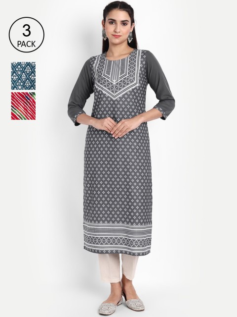

KALINI Women Pack Of 3 Digital Print Straight Kurta, Grey