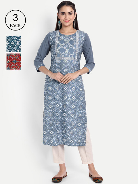 

KALINI Women Pack Of 3 Digital Print Straight Kurta, Grey