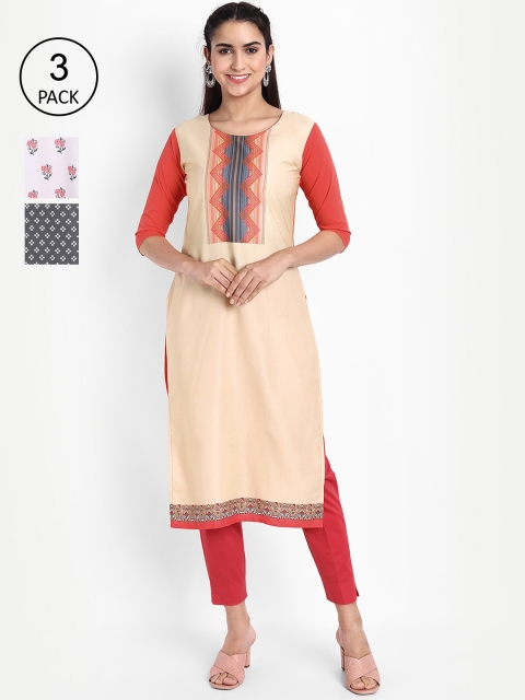 

KALINI Women Pack Of 3 Digital Print Straight Kurta, Beige