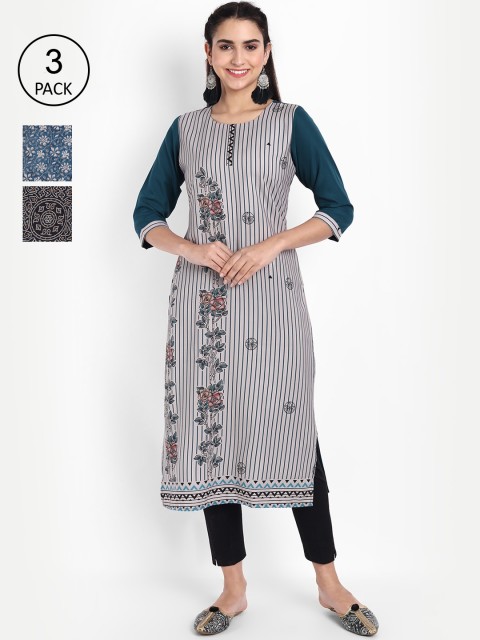 

KALINI Women Multicoloured Geometric Striped Thread Work Crepe Kurta, Multi