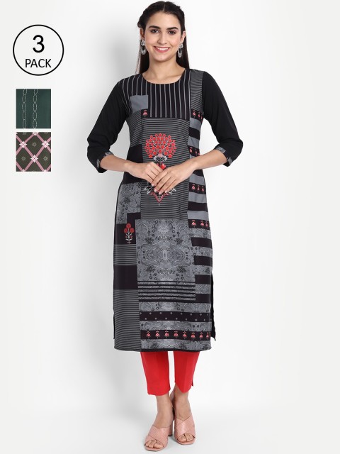 

KALINI Women Pack of 3 Geometric Printed Crepe Kurta, Black