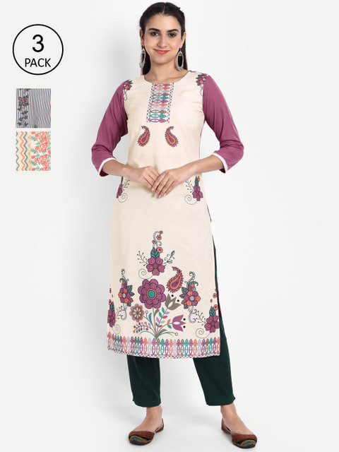 

KALINI Women Multicoloured Floral Printed Thread Work Crepe Kurta, Multi