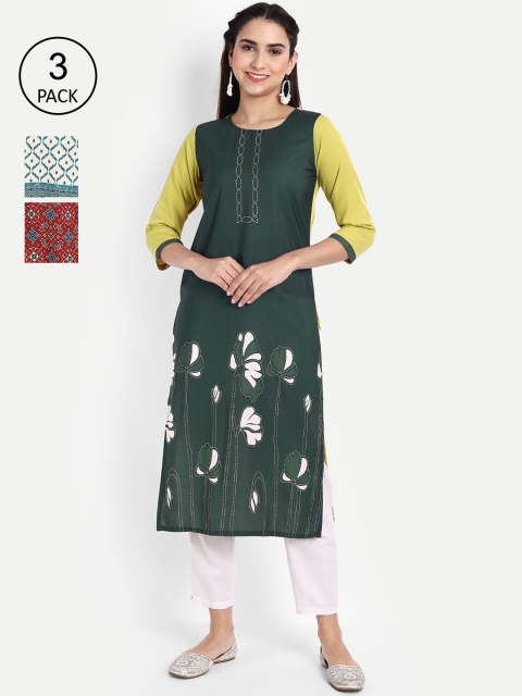 

KALINI Set Of 3 Women Green Floral Printed Crepe Kurta