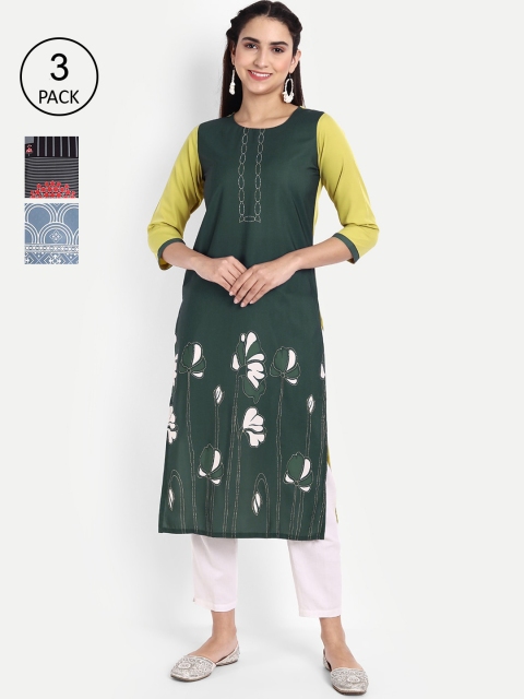

KALINI Women Pack Of 3 Digital Print Straight Kurta, Black