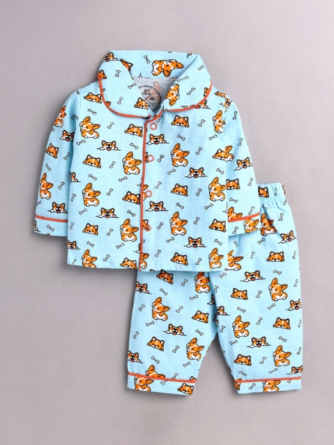 

Clt.s Kids Turquoise Blue & Mustard Printed Pure Cotton Night suit