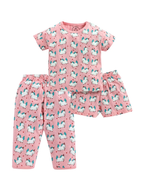 

Clt.s Kids 3 Piece Pink & White Unicorn Printed Pure Cotton Night suit With Shorts
