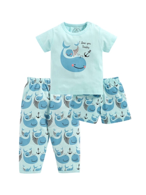 

Clt.s Kids 3 Pieces Blue Printed Pure Cotton Night suit