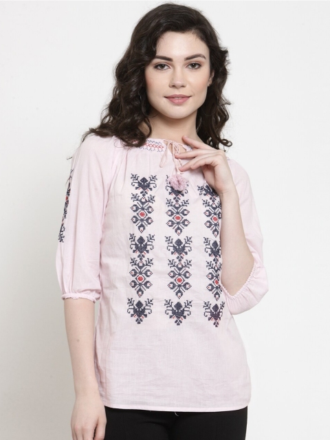 

Purple State Pink Floral Embroidered Tie-Up Neck Pure Cotton Top