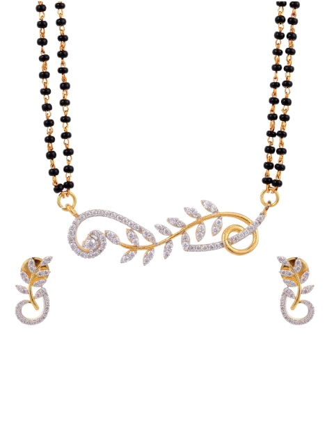 

Tistabene Gold-Plated Black Beaded Floral Mangalsutra with Earrings