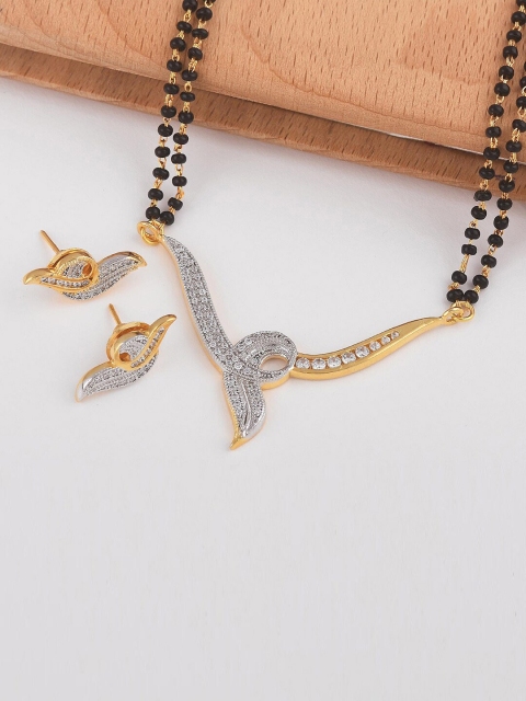 

Tistabene Gold-Plated White Stone-Studded Beaded Ribbon Mangalsutra Set