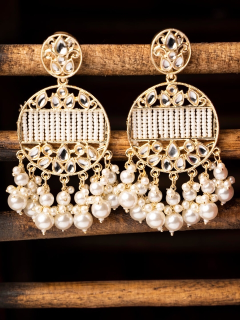 

INDYA Gold-Toned Kundan & Pearl Studded Contemporary Drop Dangler Earrings