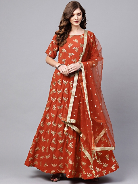 

Chhabra 555 Orange Ethnic Motifs Georgette Ethnic Maxi Dress with Dupatta