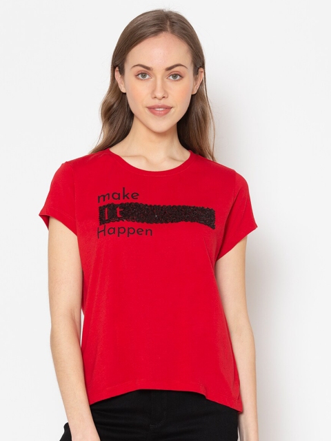 

FLAWLESS Women Red Extended Sleeves Applique T-shirt