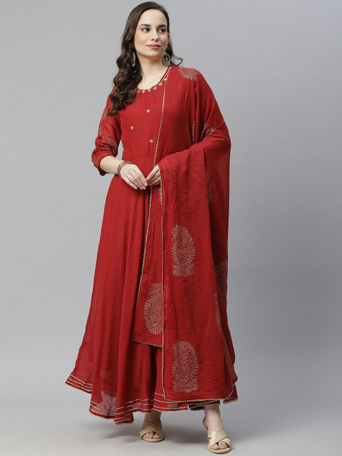 

Nirkhi Women Maroon Pure Cotton Kurta with Palazzos & With Dupatta