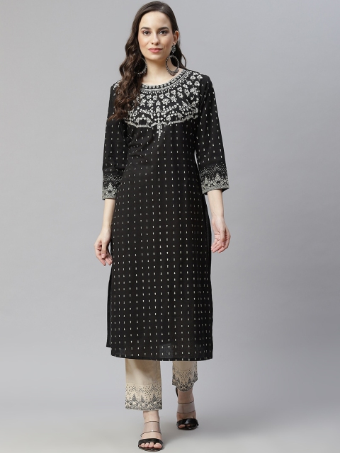 

Nirkhi Women Black Embroidered Thread Work Pure Cotton Kurta with Trousers