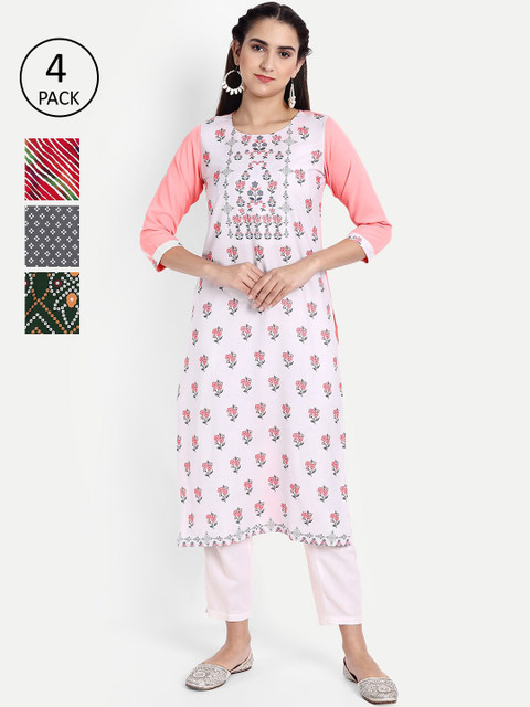 

KALINI Women Pack of 4 White & Red Ethnic Motifs Printed Crepe Kurta