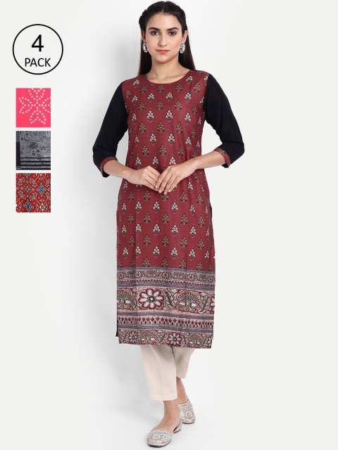 

KALINI Women Pack of 4 Printed Keyhole Neck Crepe Kurta, Red