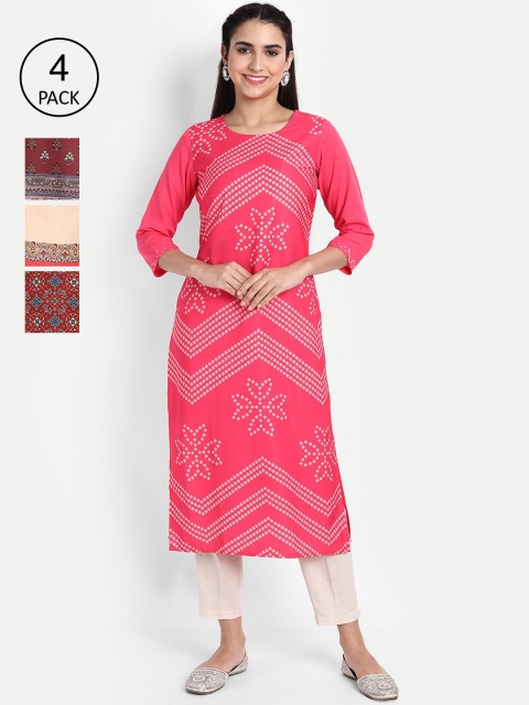 

KALINI Set Of 4 Women Pink Bandhani Printed Crepe Kurta