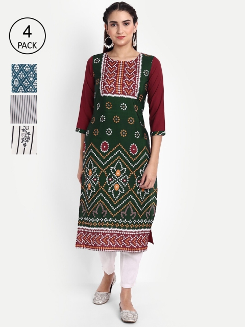

KALINI Women Pack of 4 Green & White Geometric Printed Crepe Kurta