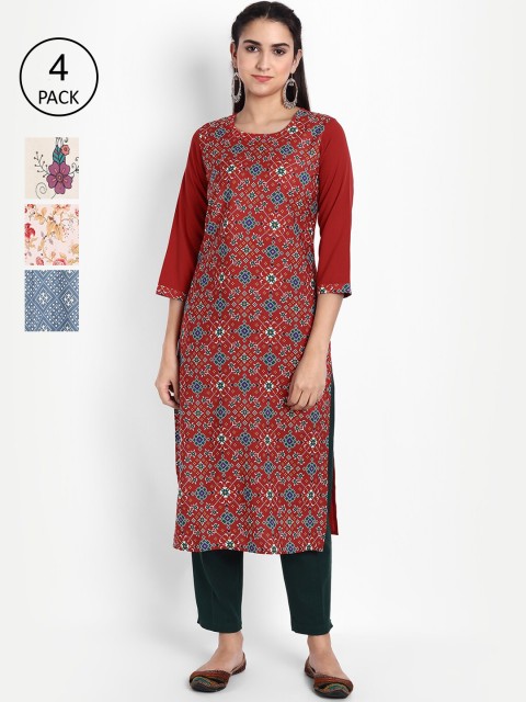 

KALINI Women Pack of 4 Ethnic Motifs Printed Crepe Kurta, Maroon