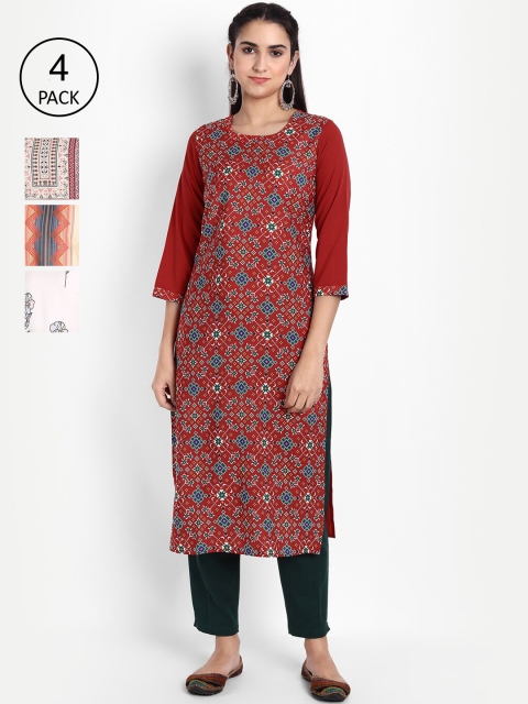 

KALINI Women Pack of 4 Ethnic Motifs Printed Crepe Kurta, Red