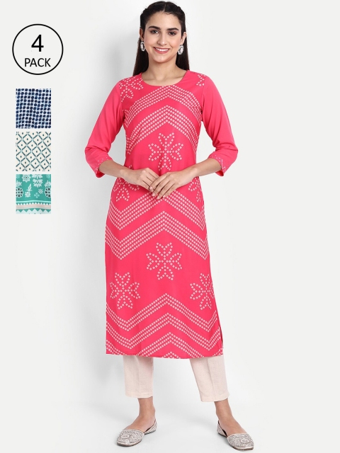 

KALINI Women Women Pack of 4 Printed Crepe Kurtas, Pink
