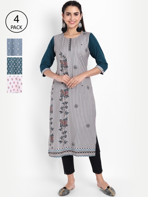 

KALINI Women Pack of 4 Ethnic Motifs Printed Crepe Kurta, Blue