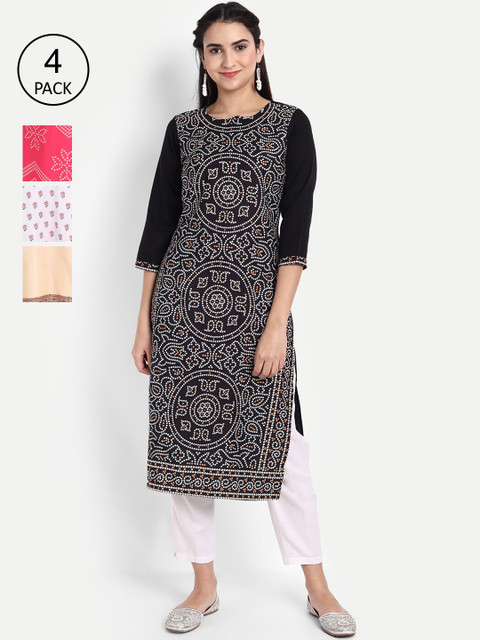 

KALINI Women Women Pack of 4 Printed Crepe Kurtas, Pink