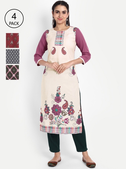 

KALINI Women Pack of 4 Ethnic Motifs Printed Crepe Kurta, Mauve