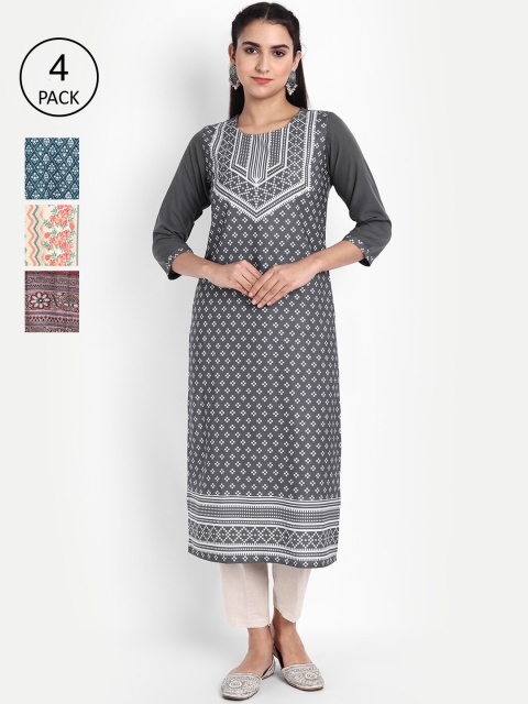 KALINI Women Pack Of 4 Printed Crepe Kurta, Grey