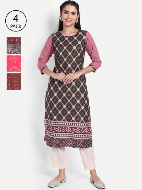 

KALINI Women Pack of 4 Ethnic Motifs Printed Crepe Kurta, Green