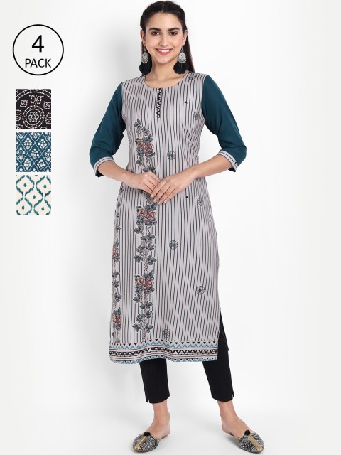 

KALINI Women Pack of 4 Ethnic Motifs Printed Crepe Kurta, Blue
