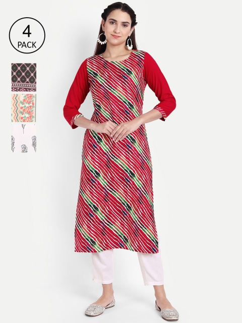 

KALINI Women Pack of 4 Ethnic Motifs Printed Crepe Kurta, Red