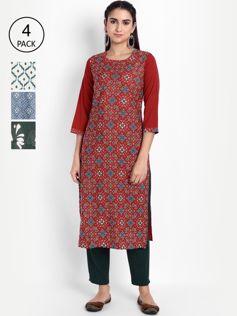 

KALINI Women Pack Of 4 Printed Crepe Kurta, Red