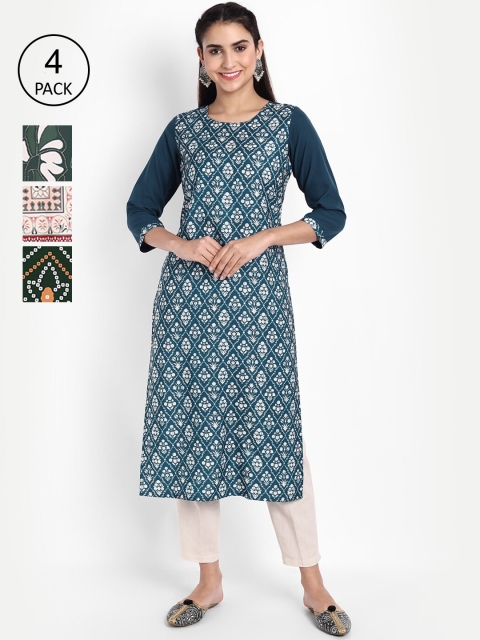 

KALINI Women Pack of 4 Printed Crepe Kurtas, Green