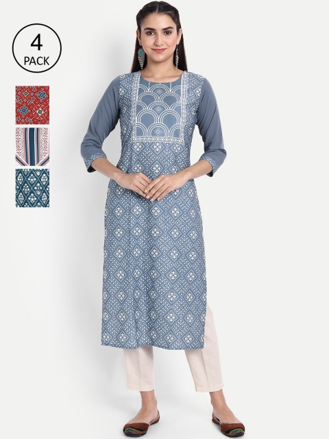 

KALINI Women Pack of 4 Blue & Maroon Ethnic Motifs Printed Crepe Kurta