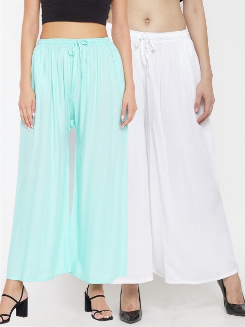 

Clora Creation Women White & Turquoise Blue Set Of 2 Solid Flared Fit Palazzo