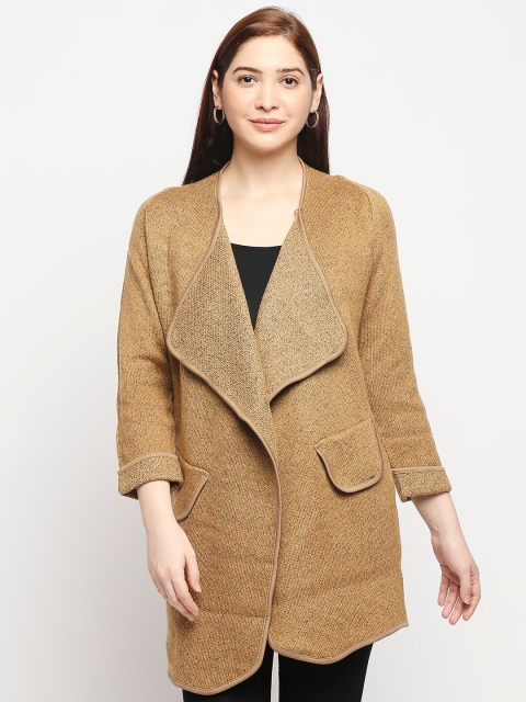 

LYKKEIN Women Brown Waterfall Cuffed Pure Cotton Cardigan