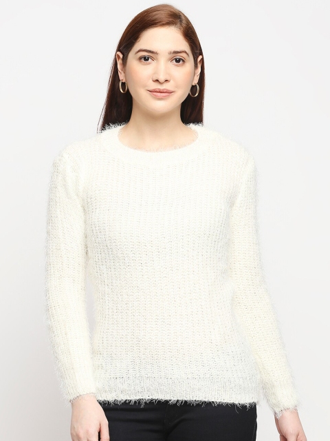 

LYKKEIN Women White Solid Pullover with Fuzzy Detail