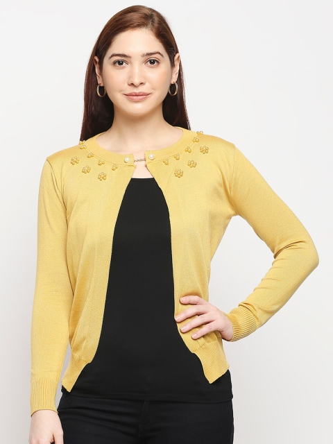 

LYKKEIN Women Yellow Pearl Beaded Front Open Sweater